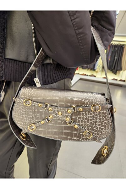 MERCAN ÇANTA Mercan Stores Kadın Gri Krokodil Dokulu Ayarlanabilir Kilit Askı...
