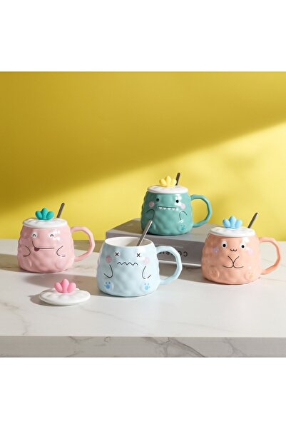hediyeconcepti 400ml Sevimli Karikatür Seramik Kapaklı Kaşıklı Isıya Dayanıklı Kupa Bardak