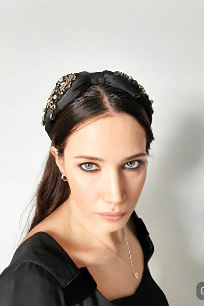 Bijusel Glittering Fabric Crown Black Buckle Hair Band Bead Embroidered Black...