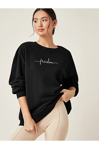 Deocept Hanorac oversize negru unisex cu imprimeu Freedom - Gât rotund