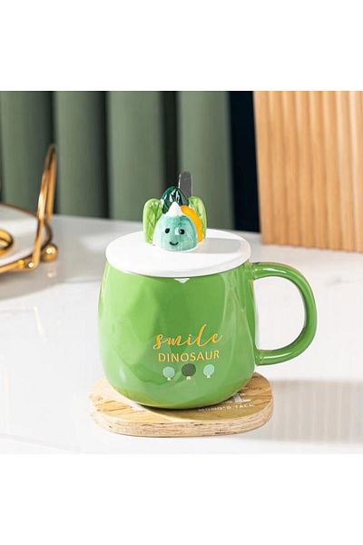 hediyeconcepti 450ml Cute Cartoon Ceramic Dinosaur Heat Resistant Mug with Lid and Spoon