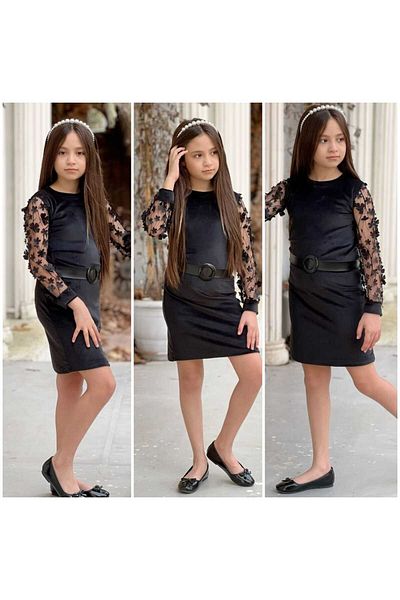 hira kids collection Rochie neagră pentru fete, mâneci din catifea franceză, inclusiv curea cu flori argintii și coroană de perle