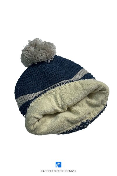 Kardelen Butik Denizli Children's Pompom Beret with Fleece Inside and Miflon (Age 5-9)