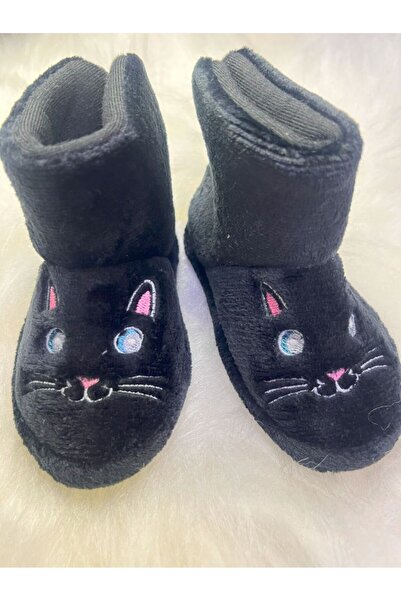 dekantoys Panduf Erkek Çocuk Unisex Ev Botu Ev Ayakkabısı Siyah Kedi Figürlü Pantuf