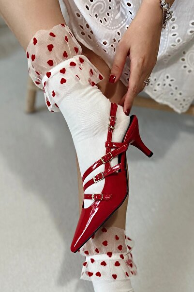 POLKA STORE Obsession Triple Sivri Burun Üç Bantlı Tokalı Kırmızı Rugan Topuklu Kadın Ayakkabı