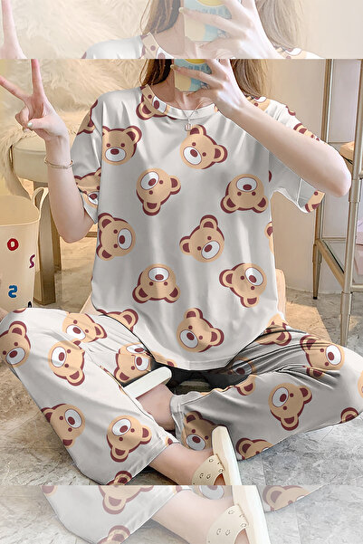 PEMBİŞ HOMEWEAR طقم بيجامة بأكمام قصيرة من CuteBearMilla Supersoft Basic Sing...