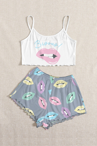PEMBİŞ HOMEWEAR Strappy Shorts Pajama Set Bisous6 Basic Single Jersey