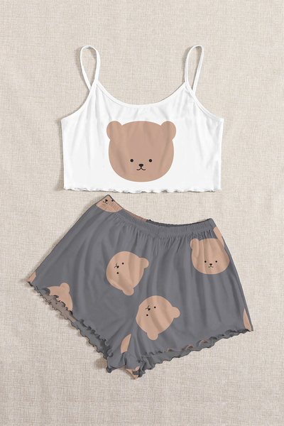 PEMBİŞ HOMEWEAR Askılı Şort Pijama Takımı BearGri Basic Süprem
