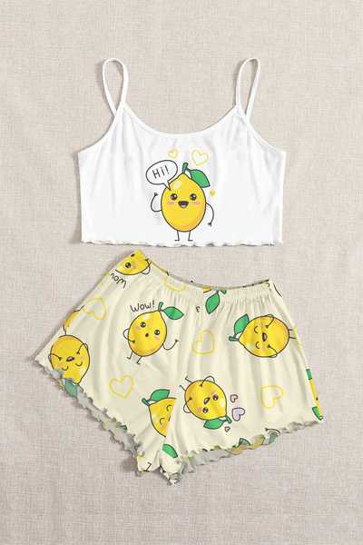 PEMBİŞ HOMEWEAR Strappy Shorts Pajama Set Lemon Basic Single Jersey
