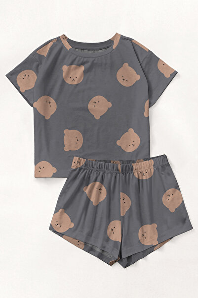 PEMBİŞ HOMEWEAR Short Sleeve Shorts Pajama Set BearGrey Supersoft Basic Supreme