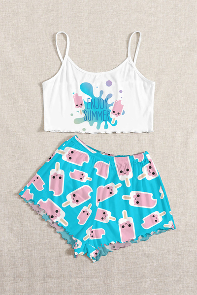 PEMBİŞ HOMEWEAR Strappy Shorts Pajama Set EnjoySummer IceCream Basic Single J...