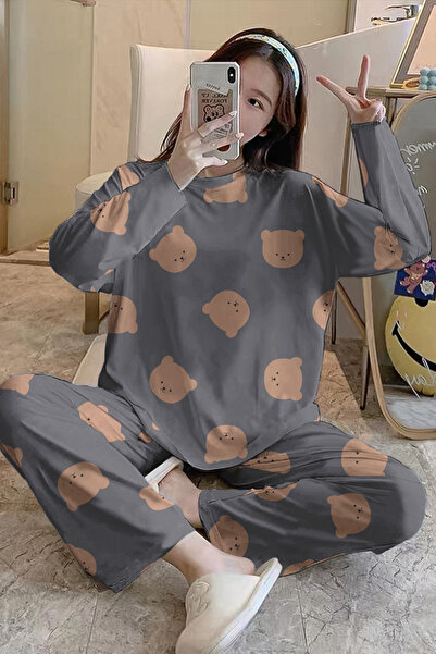 PEMBİŞ HOMEWEAR Long Sleeve Pajama Set BearGrey SuperSoft Basic Suprem