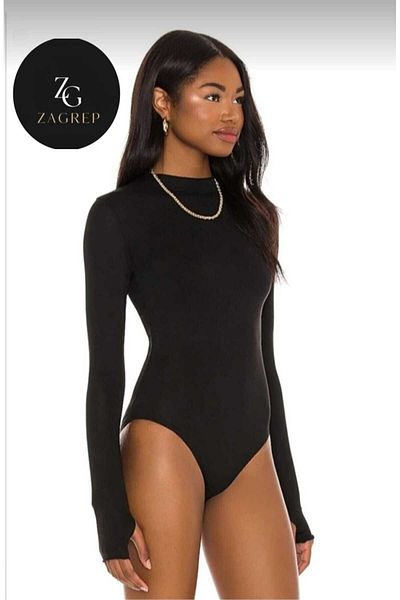 Zagrep Women's Black Crew Neck Finger-Snap Silk Jersey Bodysuit