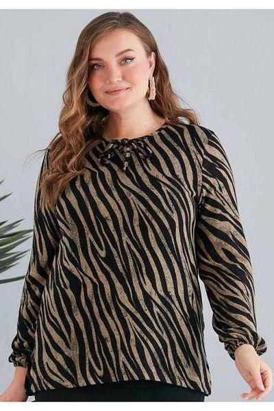 For Big Trend Women's Plus Size Patterned Collar Tie Detail Side Slit Flexible Soft Blouse