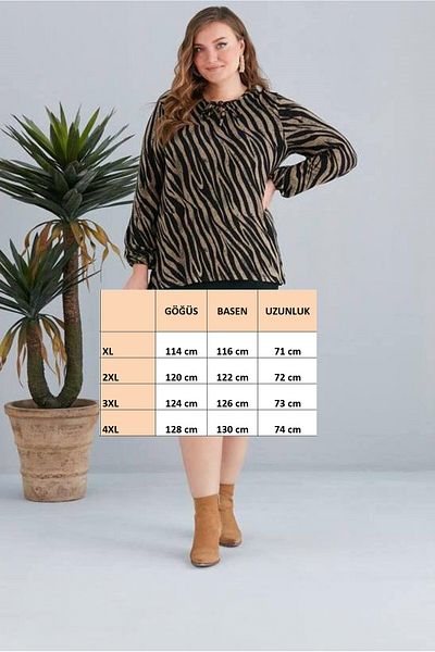 For Big Trend Women's Plus Size Patterned Collar Tie Detail Side Slit Flexible Soft Blouse