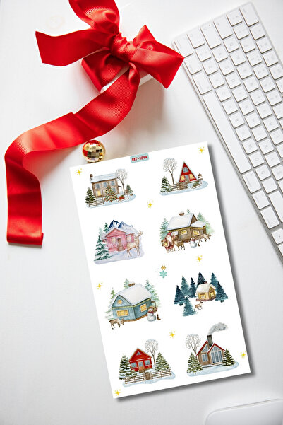 Burak Baskı Tasarım Snowy Forest and Mountain Houses New Year Themed Sticker ...