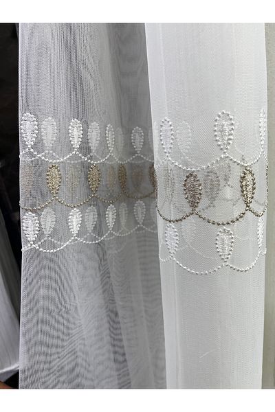 Fon Dünyası Spread Pattern Embroidered Tulle Curtain Cappuccino Off White (1/3 Tight Pleat)