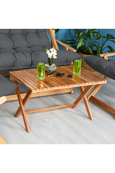 Bysay AHŞAP KATLANABİLİR PUF MİNDERLİ KOLLU ŞEZLONG PLAJ BALKON BAHÇE TAKIMI 4 LÜ SET (ANTRASİT)