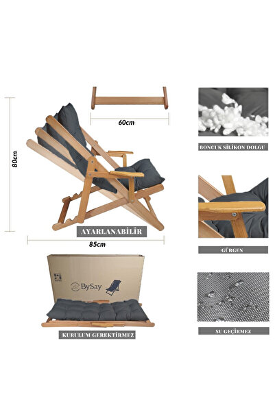 Bysay AHŞAP KATLANABİLİR PUF MİNDERLİ KOLLU ŞEZLONG PLAJ BALKON BAHÇE TAKIMI 4 LÜ SET (ANTRASİT)