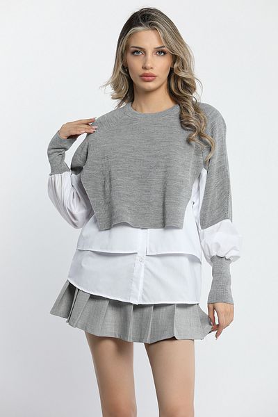 GÜLSELİ Gray Stylish Shirt Garnished Knitwear Blouse - Women's Fashion