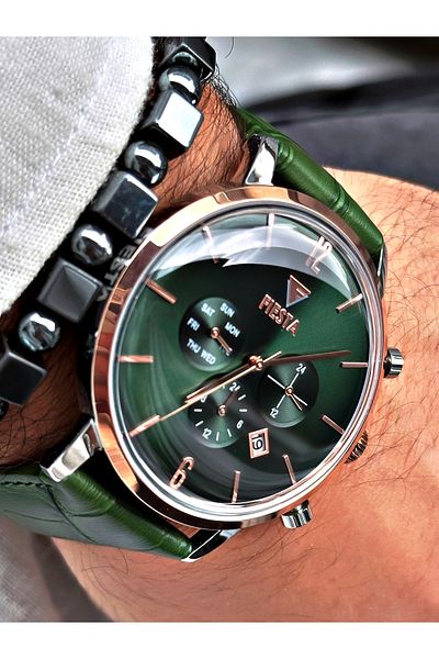 Fiesta Green Classic Green Cord Functions Active Steel Case Luxury Men's Wristwatch + BRACELET WITH GIFT