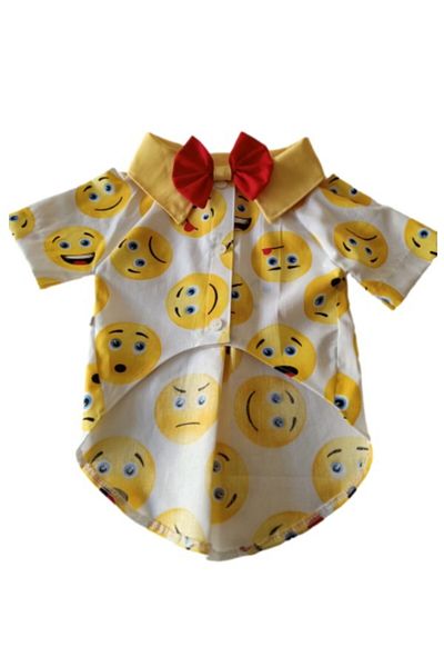 Gobo Emoji Patterned White Cat Dog Outfit Dress with Red Bow Tie