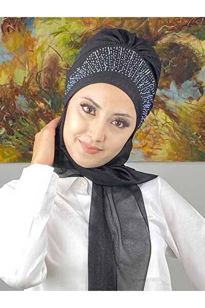 BUTİKAMBAR Güneş Model Taşlı Abiye Atkılı Bone Şal - Siyah - BUTİK AMBAR
