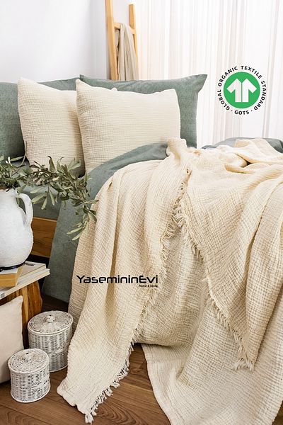 YASEMİNİNEVİ Ivory King Size Muslin Bedspread