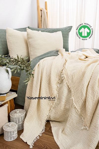 YASEMİNİNEVİ Ivory Color 4 Layer Muslin Bedspread/2 Pillowcases
