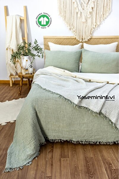 YASEMİNİNEVİ Çağla Yeşili - Ekru Battal Boy Yatak Örtüsü 4 Kat Müslin 100% Pamuk
