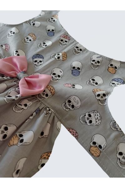 Gobo Skull Patterned Pink Bow Tie Tulle Gray Female Cat Dog Outfit Dress