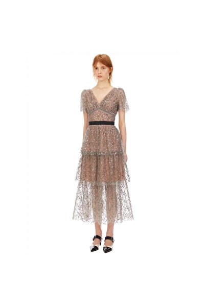 nish for you Payetli Gri Midi Tasarım Elbise