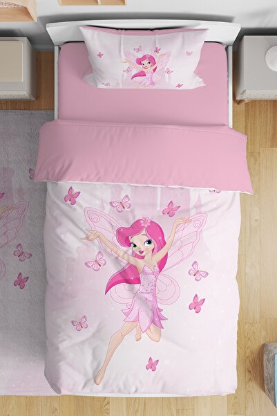 EVPANYA Pembe Kelebekli Peri Kızı Desenli Tek Kişilik Bebek Çocuk Nevresim Seti