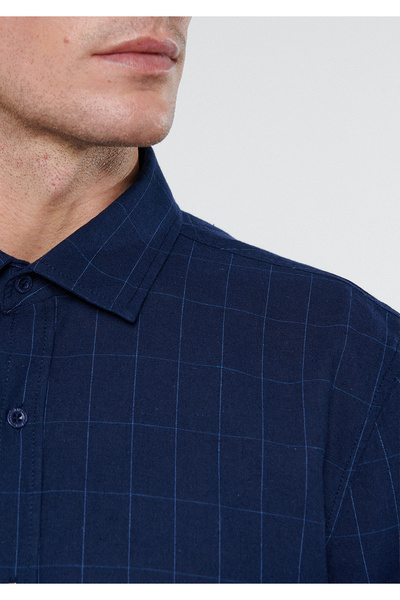 Mavi Keten Karışımlı Kareli Indigo Gömlek Slim Fit / Dar Kesim 0210653-84675