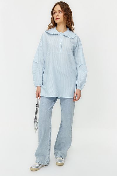 Trendyol Modest Guler pentru bebeluși, albastru deschis, cu dantelă, tunică țesută din seersucker TCTSS24UK00012