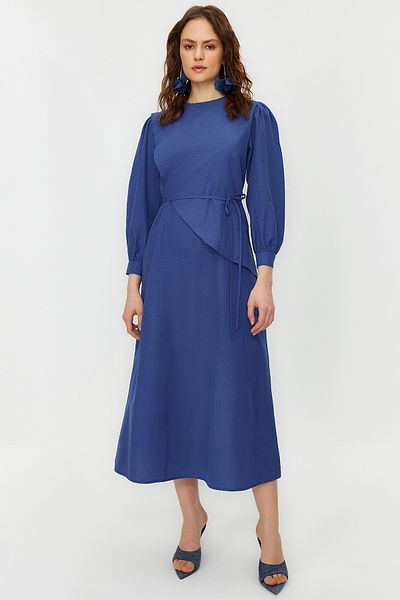 Trendyol Modest Φόρεμα Saks Ζωντανό Μπροστινό Κομμάτι Βαμβακερό Υφαντό TCTSS23EB00360