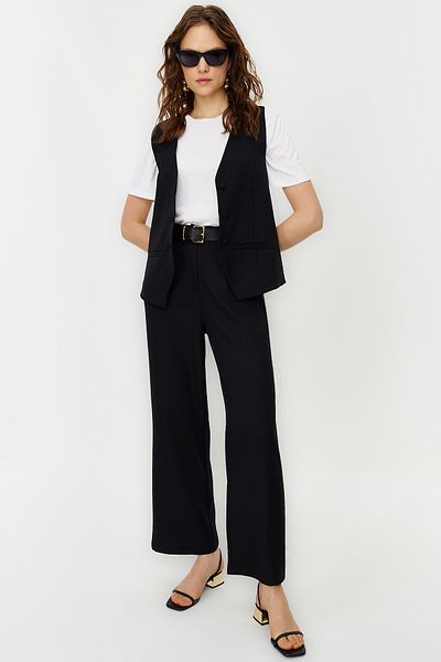 Trendyol Modest Fekete vászon megjelenés Stílusos mellény nadrág szőtt alsó felső szett TCTSS24US00014