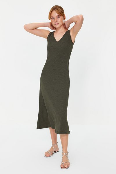 Trendyol Collection Khaki Shift/Sima medence galléros Midi kötöttáru megjelenésű rugalmas kötött ruha TWOSS22EL2964