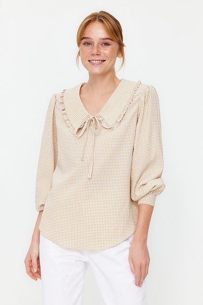 Trendyol Collection Λεπτομερής υφασμένη καρό μπλούζα με γιακά βιζόν TWOAW22BZ0097