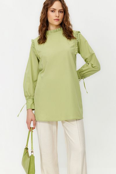 Trendyol Modest Woven Cotton Tunic with Green Shoulders and Ruffles at the Cuff TCTSS23UK00083