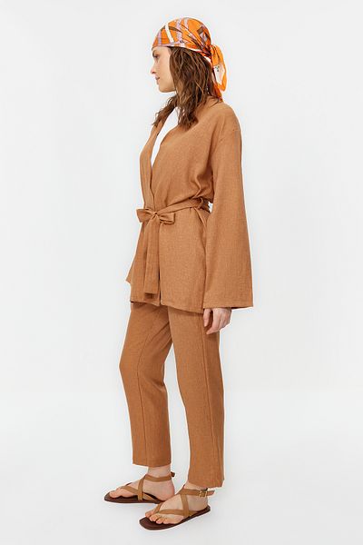 Trendyol Modest Camel Belted Linen Look Kimono Trousers Woven Top and Bottom Set TCTSS24US00005
