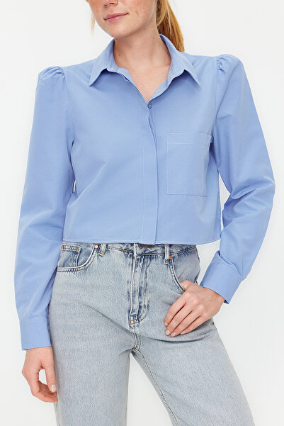 Trendyol Collection Cămașă decupată albastru deschis - țesută cu detaliu încrețit pe umeri și talie îmbogățită TWOSS23GO00117