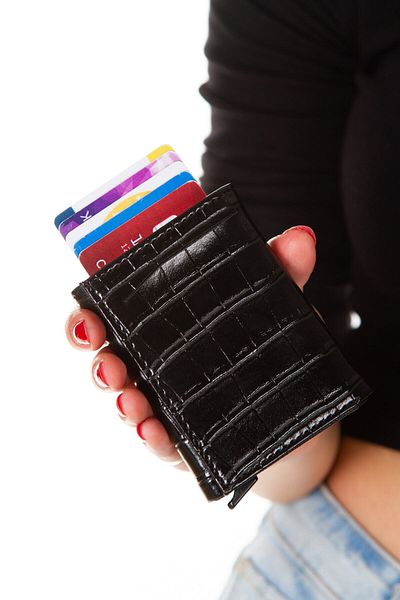 Newish Unisex Leather Aluminum Mechanism Sliding Card Holder Wallet with Paper Money Compartment