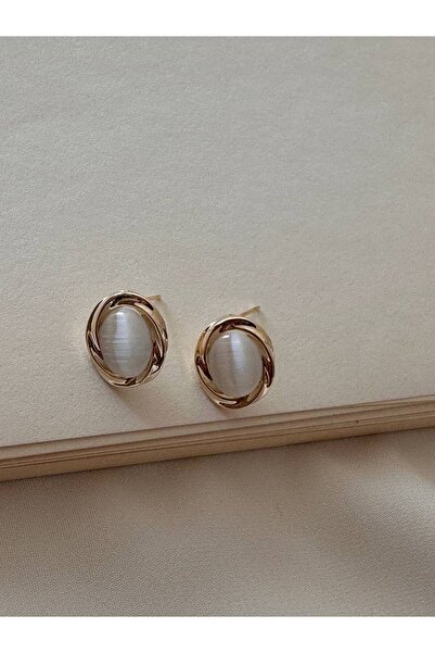 Esmeray Aksesuar Vip Çelik Gold Renk Sedef Taşlı Antialerjik Küpe Genişlik 1 cm.