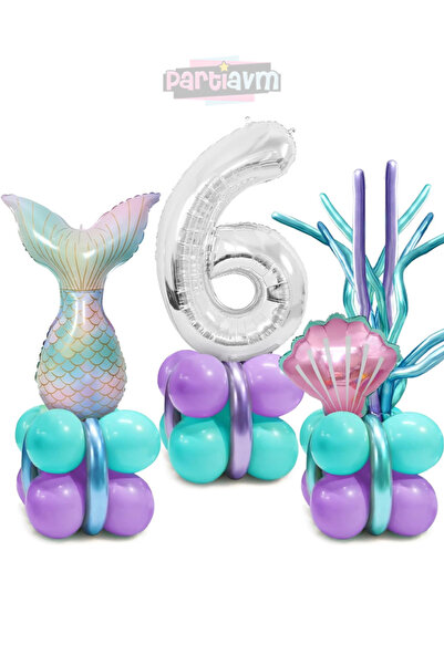 PARTİAVM Deniz Kızı Kuyruğu Deniz Kabuğu 102cm Gümüş Rakam Balon Mermaid Deni...