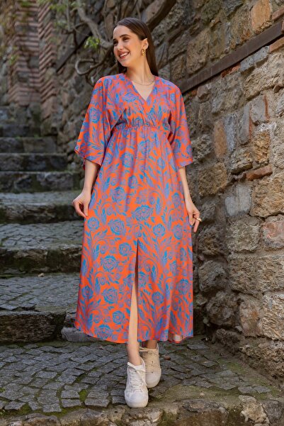 vuvutasarım Vzorovaná viskózová látka Krátký rukáv Dvouřadý límec Midi Délka Rozparek Rozšířený střih Oranžové šaty 090