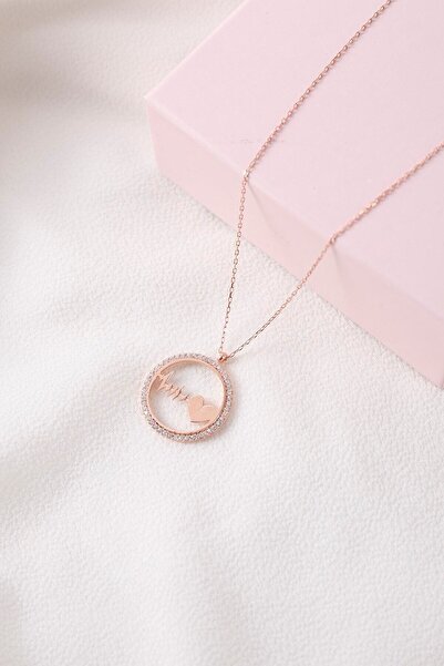 KAR DİAMOND 925 Ayar Gümüş Zincirli Rose Kaplama Ritimli Kalp Kolye - Sertifi...