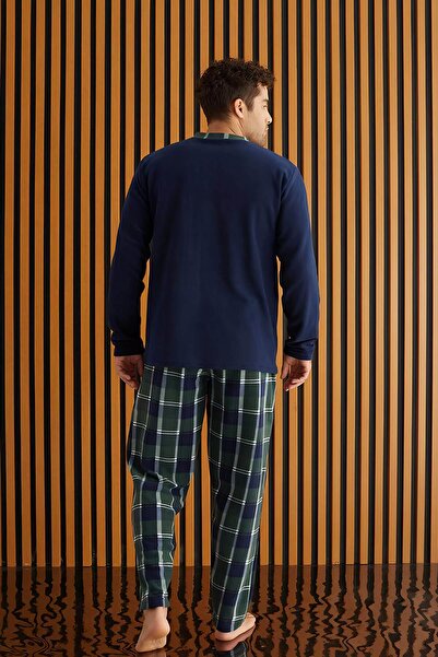 Pijamaevi Yeşil Lacivert Ekose Desenli Polar Erkek Pijama Takımı