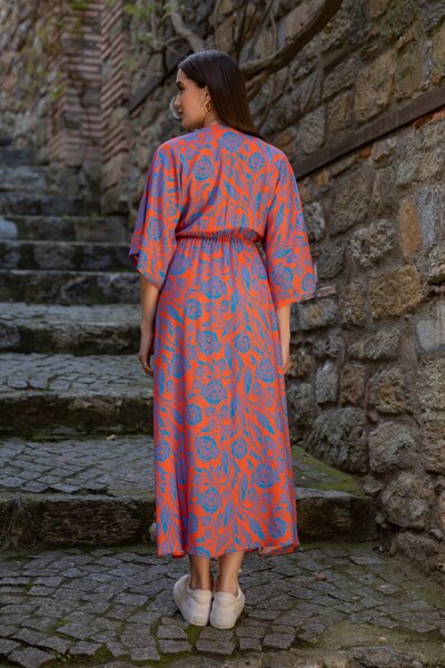 lovebox Etniczna wzorzysta tkanina wiskozowa rozcięcie szczegółowe krótkie rękawy kołnierzyk z podwójnymi piersiami długość midi rozkloszowana pomarańczowa sukienka 090