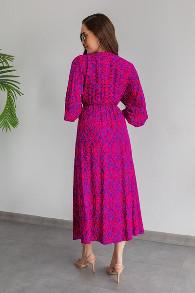 lovebox Etnikai mintás viszkóz szövet hasított részletes, rövid ujjú, duplasoros gallérral, Midi hosszúságú, kiszélesedő fukszia ruha 090